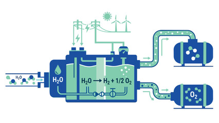 Obraz premium Green hydrogen electrolyzer system in flat minimalist style for renewable energy marketing