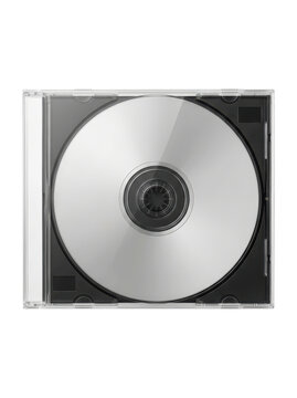 A shiny silver cd in a clear plastic case on a white background
