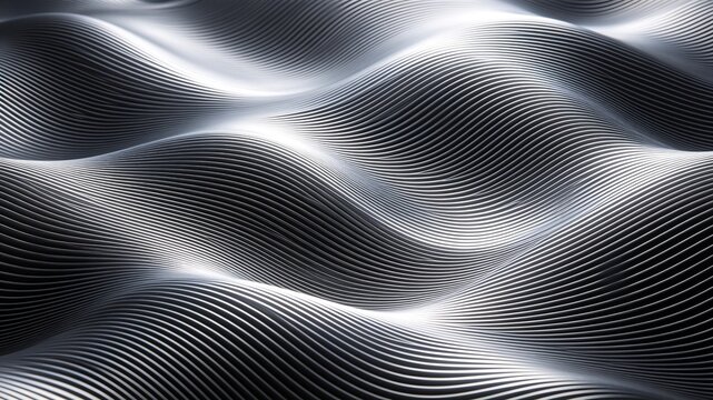 Sleek 3D abstract background featuring undulating silver waves with fine parallel lines, creating a rhythmic, metallic, and futuristic landscape.