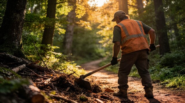 Man clearing forest path with shovel at sunset ideal for park maintenance eco volunteer and environmental conservation concept