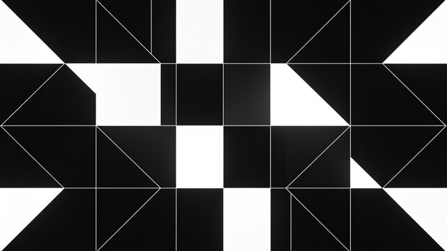 A stark black and white geometric abstract composition featuring an interlocking grid of triangles and rectangles with sharp, high-contrast edges.
