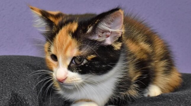 Cute calico kitten with colorful fur.