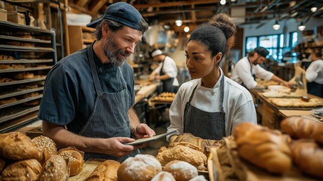 Two bakers in a busy bakery discuss their work surrounded by various fresh breads and pastries.