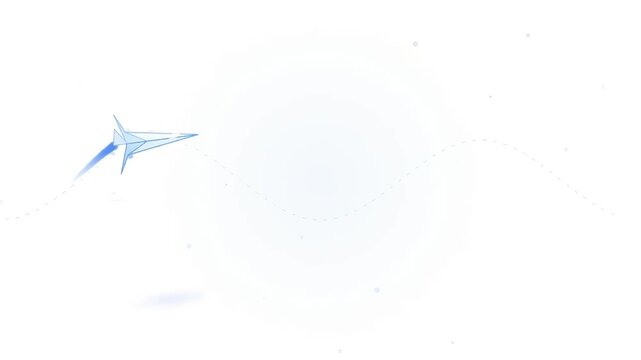 A minimalist abstract design featuring a geometric blue shape resembling a bird or paper plane flying towards a soft, ethereal light on a white background.