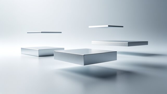 Minimalist 3D render of floating silver metallic platforms in a clean, light gray studio space, ideal for product display showcases.
