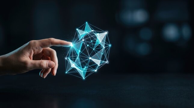 Innovative hand gesture interacting with 3d holographic structure technology lab digital art futuristic aesthetics