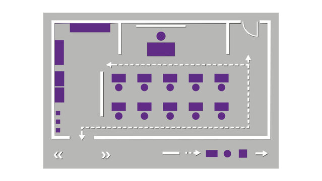 Classroom floor plan minimalist flat style showing seating and flow for educational web design