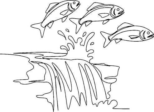 Illustrated fish jumping up a waterfall scene.