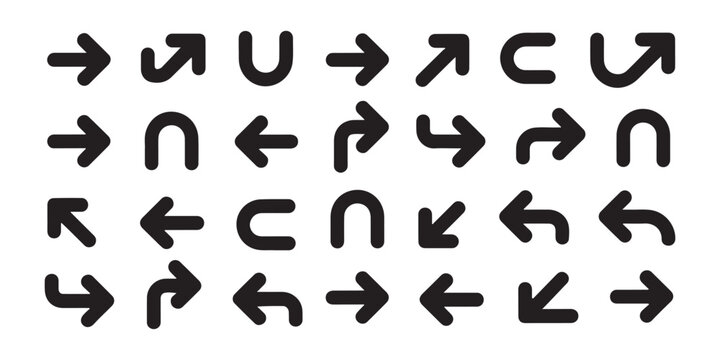 Minimalist black rounded arrow icons set featuring various turns curves and directional movements.