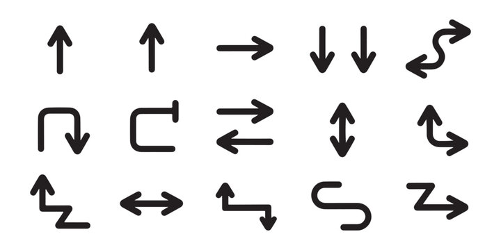 Linear black arrow set showing vertical horizontal and zigzag paths for professional infographics.