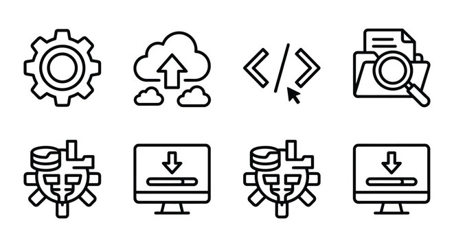 Set Of Eight Flat Line Icons On White Background