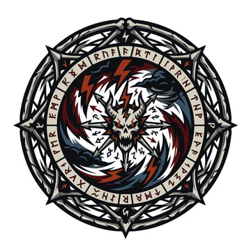 Norse Rune Demonic Skull Circular Emblem Vector Badge