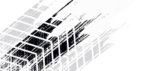 Vector automotive banners template. Grunge tire tracks backgrounds for landscape poster, digital banner, flyer, booklet, brochure and web design. Editable graphic image in black and grey colors © Aam_