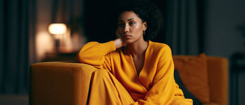 A woman in an orange outfit sits on an orange couch, looking bored and contemplative in a dimly lit room with a lamp in the background