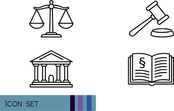 Print Law Justice and Courthouse Architecture Icons - Professional Minimalist Vector Symbols for Legal Services Trial Advocacy Constitutional Rights and Attorney Portals