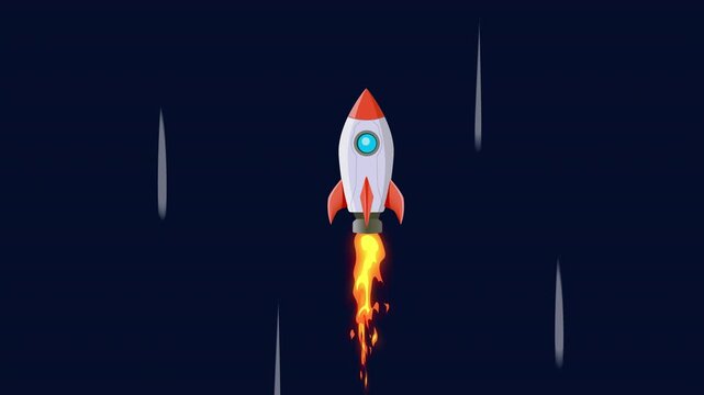 Animation moment 2d  rocket and cartoon style  launches releasing a thin trail of smoke then launches into the sky. suitable innovation concept and start up. alpha channel only 4k