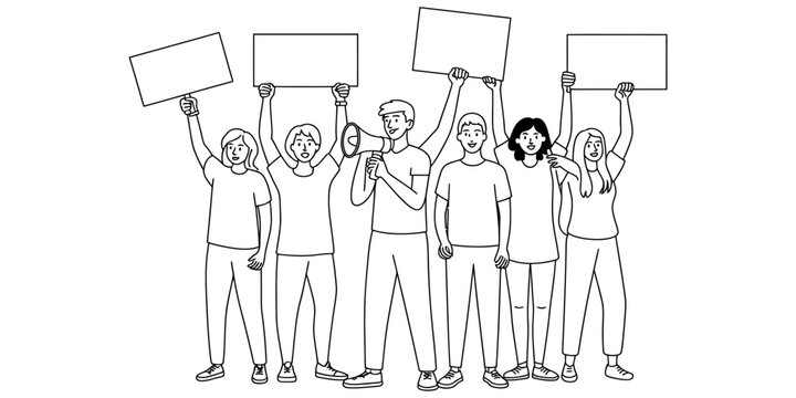 Group of diverse people protesting with empty signs and megaphone black and white line drawing Vector, illustration