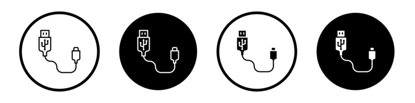 Plug USB cable icons pack in black and white versions for web.