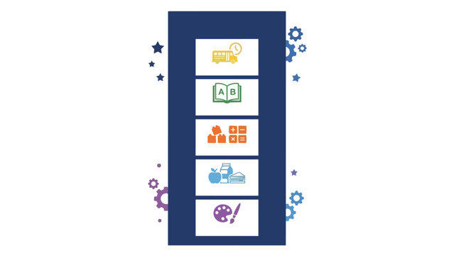 Preschool daily schedule icons in navy column flat minimalist style for education marketing