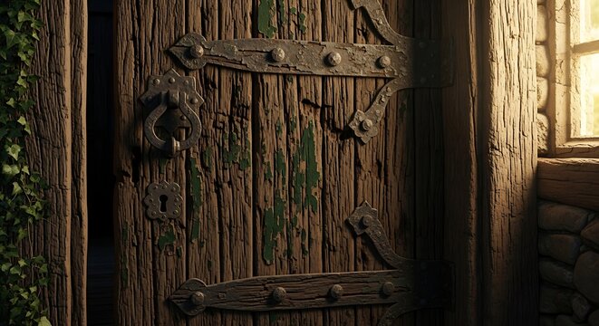 Rustic weathered wooden door with vintage iron hinges and knocker