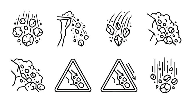 Rockfall Hazard Icons Linear Vector Illustration On White Background