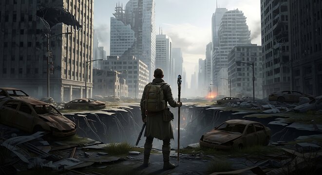Lone survivor standing in a ruined city overlooking a massive chasm