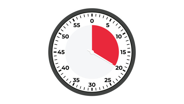 Analog timer with 20 minute red segment in minimalist flat shot for time management marketing