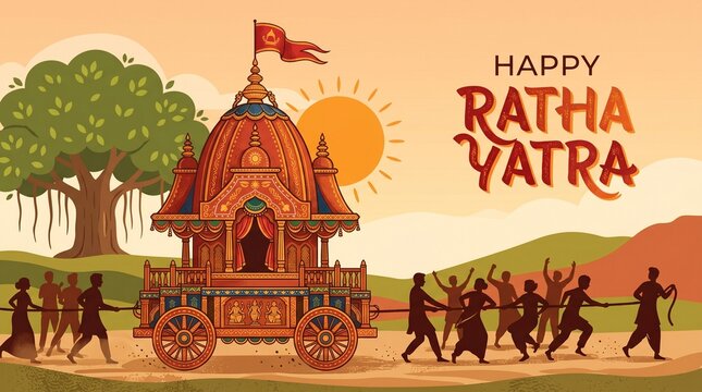 Stylized vector illustration depicting a traditional Ratha Yatra scene. The layout is horizontal, featuring a large, ornate chariot with intricate designs in shades of red, orange, and gold. The chari