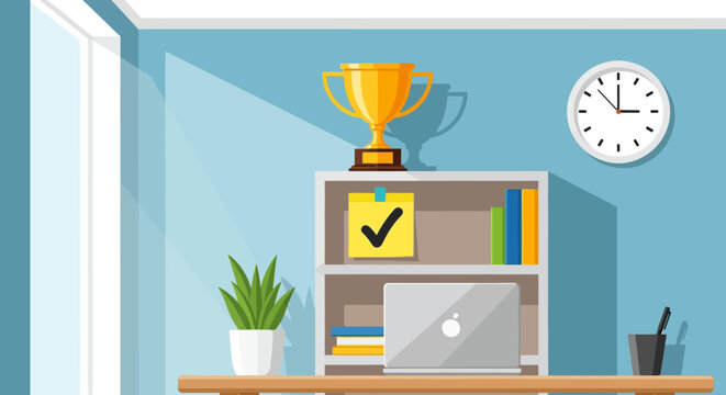 Minimalist home office workspace with laptop and trophy on shelf