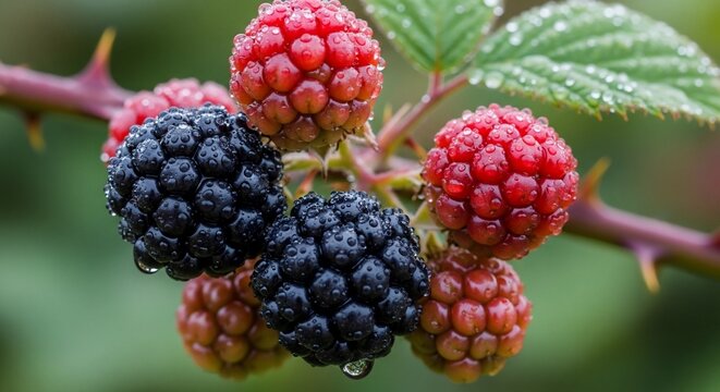 Close up of ripe blackberries and raspberries on a thorny branch