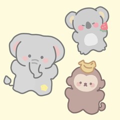 Fototapeta premium Cute Kawaii Elephant Koala and Monkey Cartoon Animal Character Vector Illustration Set