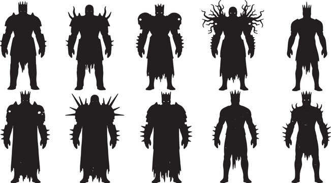 Ten black silhouette illustrations of dark fantasy armored warriors, kings, and undead knights featuring spikes, crowns, tattered clothing, and tentacles on white background.
