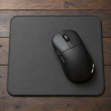 Black wireless computer mouse centered on large dark mat on top of rustic vintage wooden desk table.