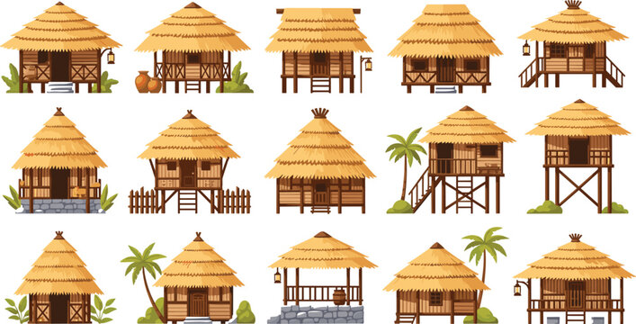 Traditional Tropical Thatched Roof Wooden Hut Village House Collection Rural Cottage Architecture Vector Illustration Set
