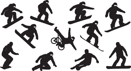 Obraz premium Silhouette collection featuring various snowboarders in action poses like jumping and carving, including a central BMX cyclist performing a stunt, isolated on white background.