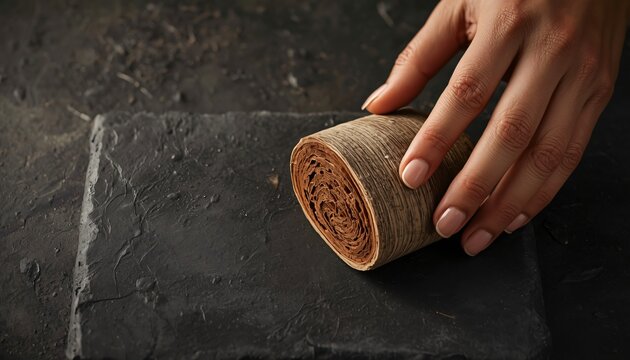 Luxury Health Ad with Human Hand Placing Arjuna Bark on Slate