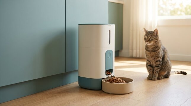 Cat sitting next to pet feeder dispenser with kibble in bowl