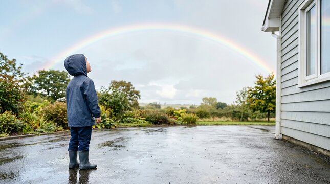 Boy looking up at rainbow after rain in backyard garden  