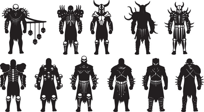 Collection of black silhouettes of dark fantasy warriors, undead knights, and necromancers with skull armor and skeletal motifs isolated on a white background for game design.