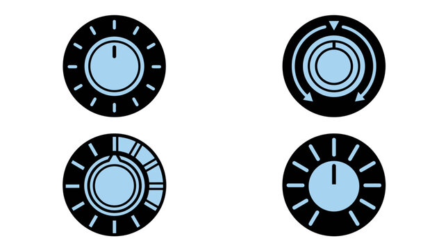 Set of four blue control knobs on a white background