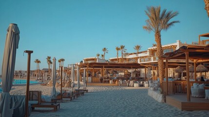 Fototapeta premium Beachfront resort area with wooden structures and palm trees.