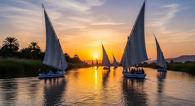 Traditional felucca sailboats on a calm river at sunset