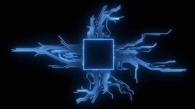 Advanced Futuristic CPU chip set and electric circuit with data transfer moving on dark background Neon glowing futuristic cyberspace technology background template