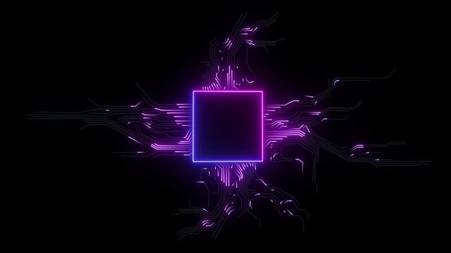 Advanced Futuristic CPU chip set and electric circuit with data transfer moving on dark background Neon glowing futuristic cyberspace technology background template