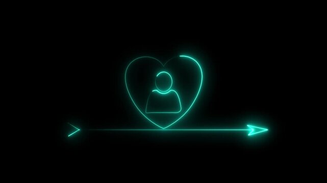Neon glowing heart with user profile and arrow animation on black background