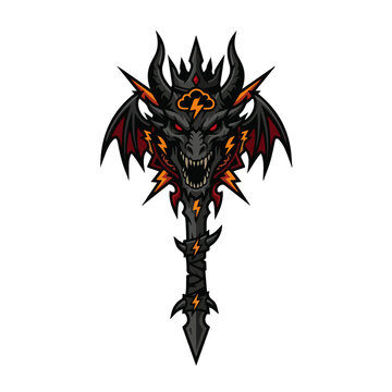 Dark Dragon Head Battle Staff Mascot Vector Logo Design