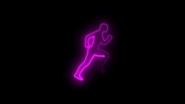 Neon pink glowing running human silhouette animation on black background, runner