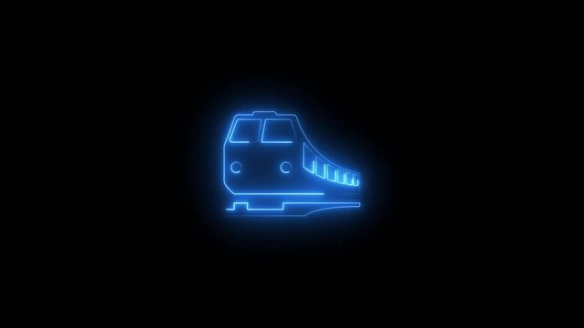 Glowing blue neon train animation on black background, locomotive symbol