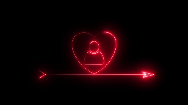 Red neon heart with user profile and cupid arrow animation on black background, love