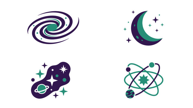 A collection of four stylized space and astronomy icons
